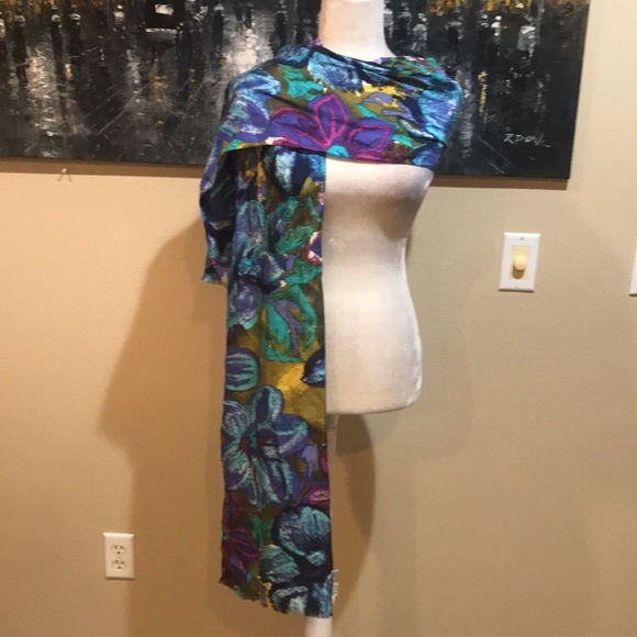 Express Jewel Tone Watercolor 100% Silk Scarf-Size  10x84 - Picture 3 of 8